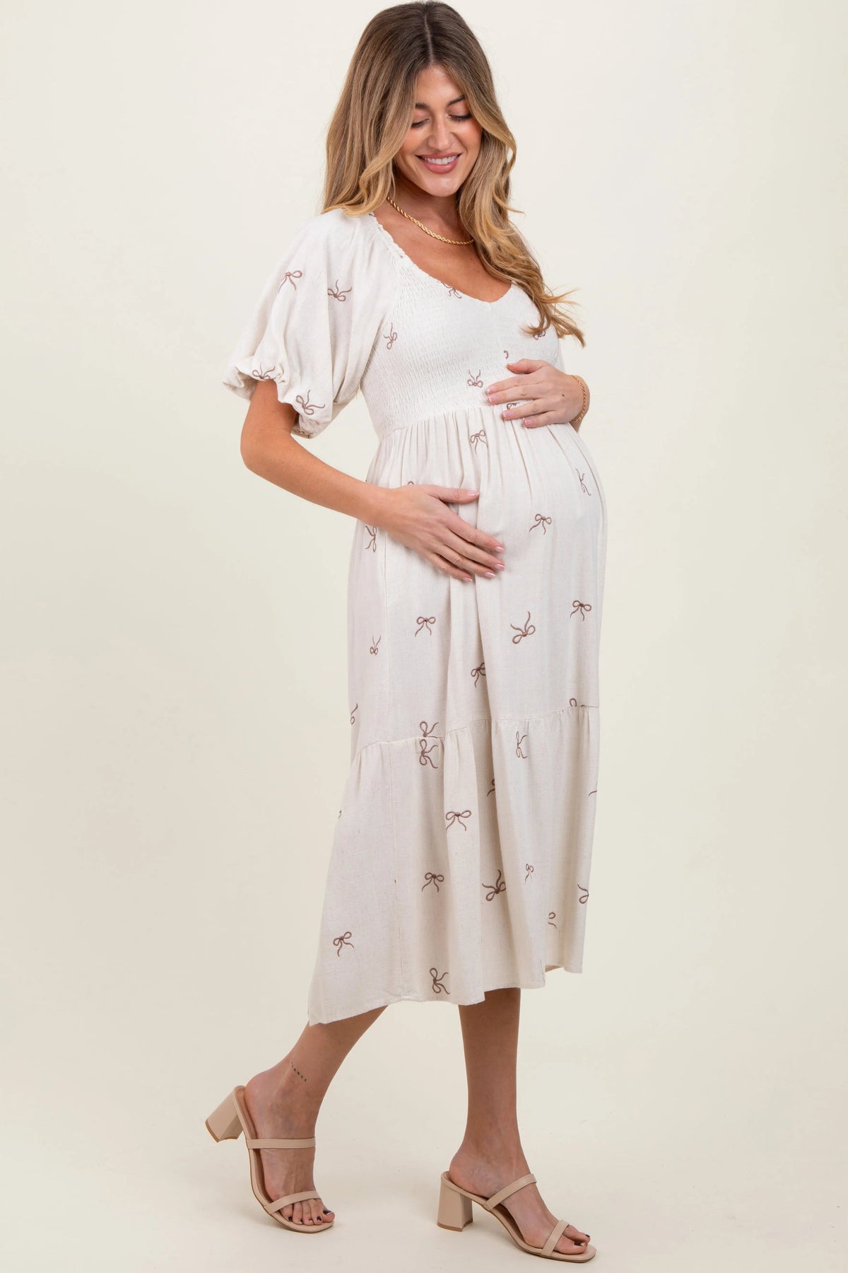 PinkBlush Cream Ribbon Print Smocked Maternity Midi Dress - 