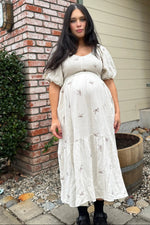 PinkBlush Cream Ribbon Print Smocked Maternity Midi Dress - 