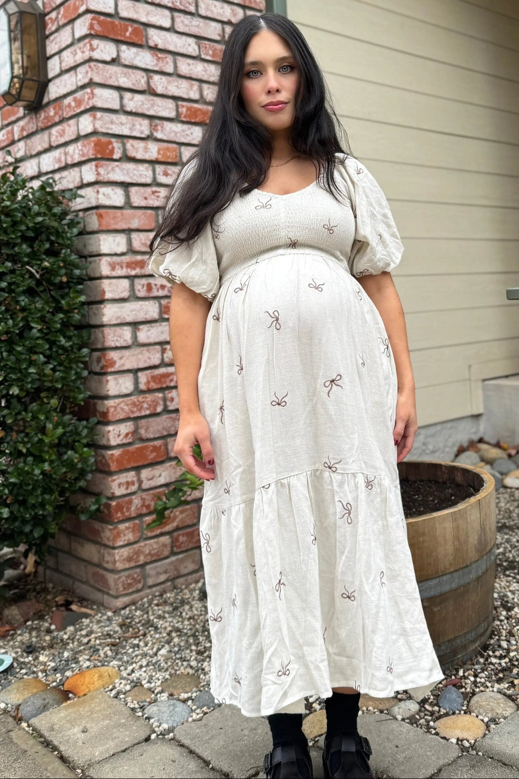 PinkBlush Cream Ribbon Print Smocked Maternity Midi Dress - 