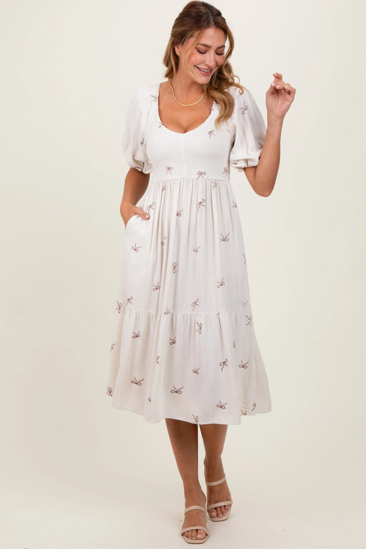 PinkBlush Cream Ribbon Print Smocked Maternity Midi Dress - 