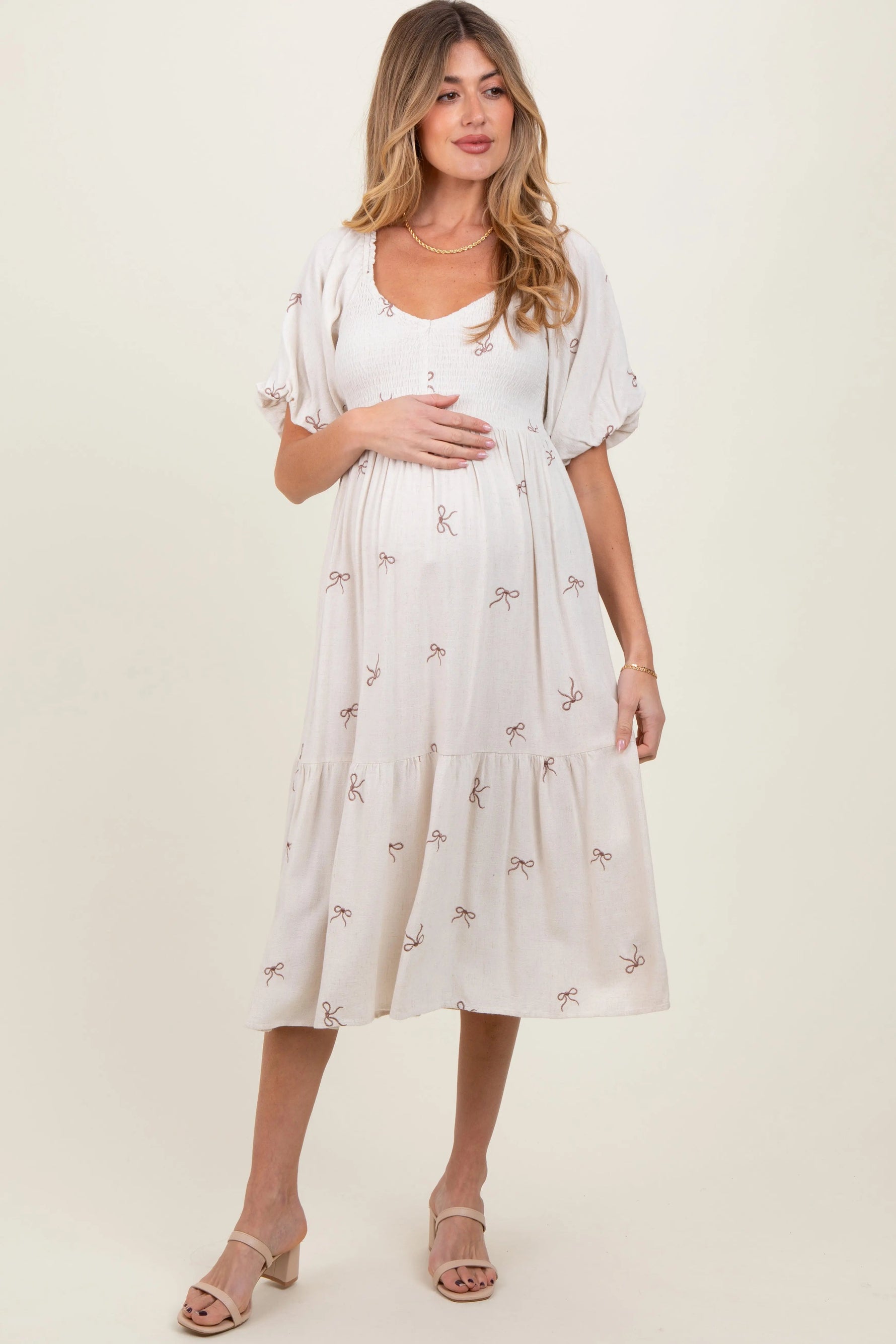 PinkBlush Cream Ribbon Print Smocked Maternity Midi Dress - 