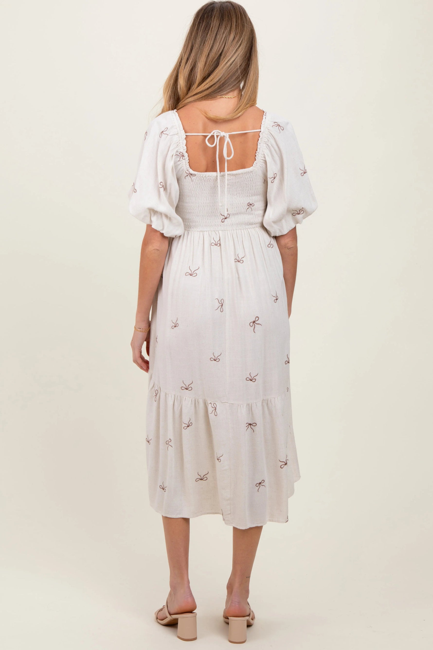 PinkBlush Cream Ribbon Print Smocked Maternity Midi Dress - 