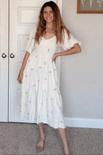 PinkBlush Cream Ribbon Print Smocked Midi Dress - 