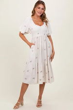 PinkBlush Cream Ribbon Print Smocked Midi Dress - 