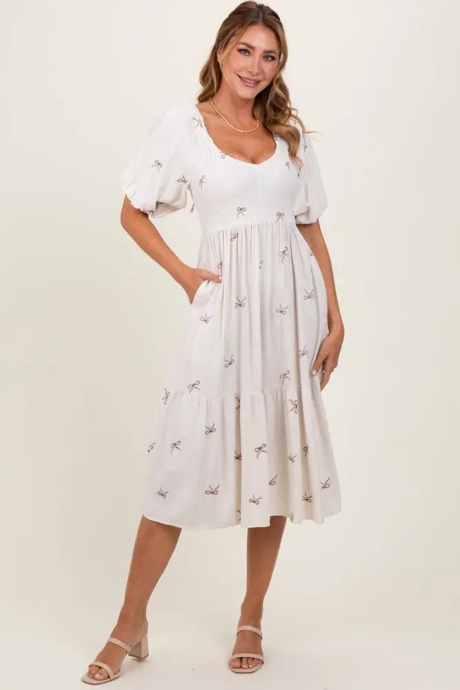 PinkBlush Cream Ribbon Print Smocked Midi Dress - 