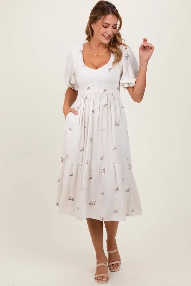 Cream Ribbon Print Smocked Midi Dress - Dress, White, Day Dress, One-piece garment, Waist | Everetts Place