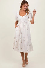 Cream Ribbon Print Smocked Midi Dress - Dress, White, Day Dress, One-piece garment, Waist | Everetts Place