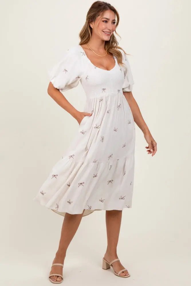 PinkBlush Cream Ribbon Print Smocked Midi Dress - 
