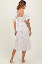 PinkBlush Cream Ribbon Print Smocked Midi Dress - 