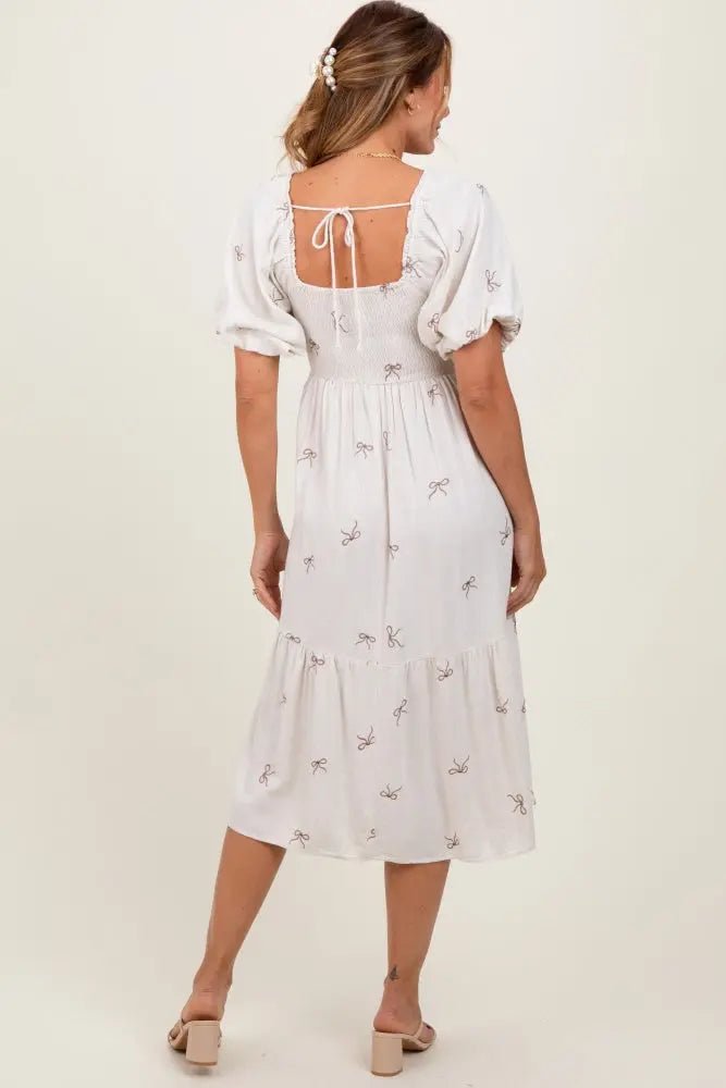 PinkBlush Cream Ribbon Print Smocked Midi Dress - 