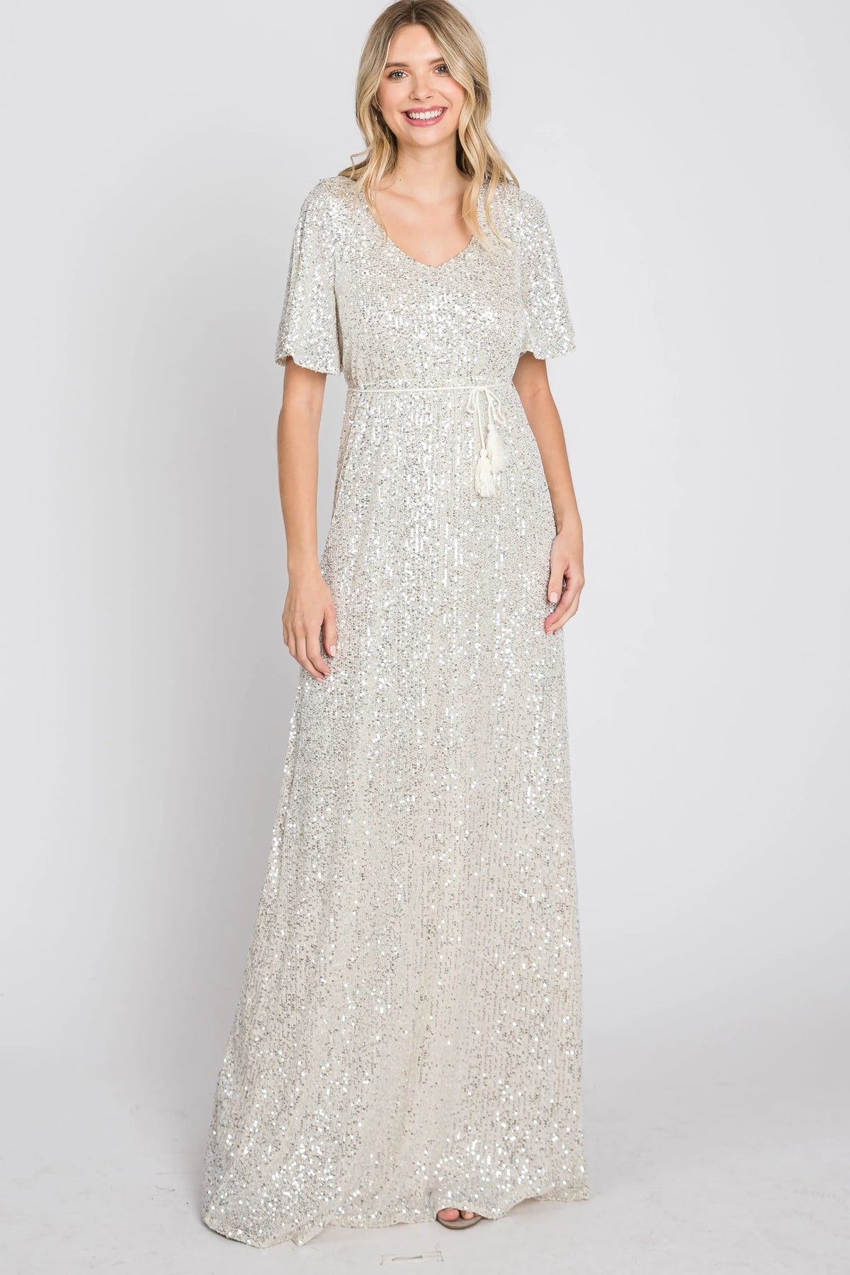 PinkBlush Cream Sequin Short Sleeve Maxi Dress - 