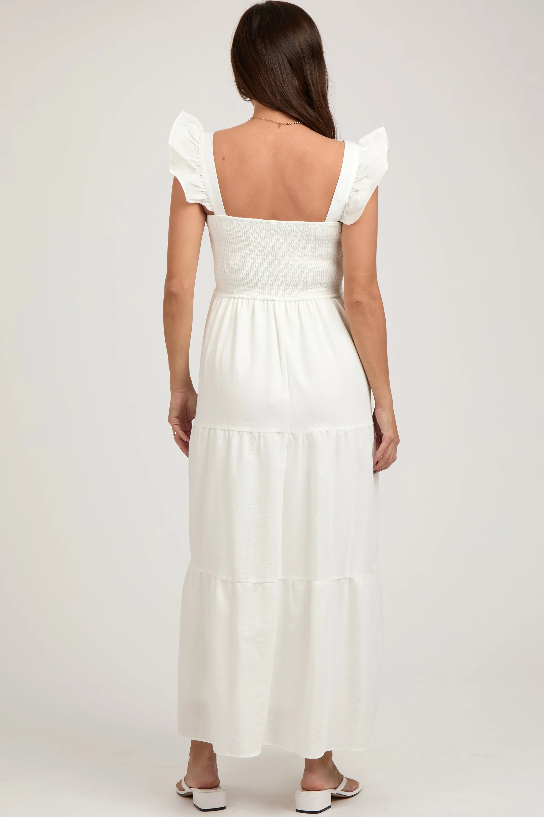 PinkBlush Cream Sleeveless Smocked Tiered Maternity Maxi Dress - 