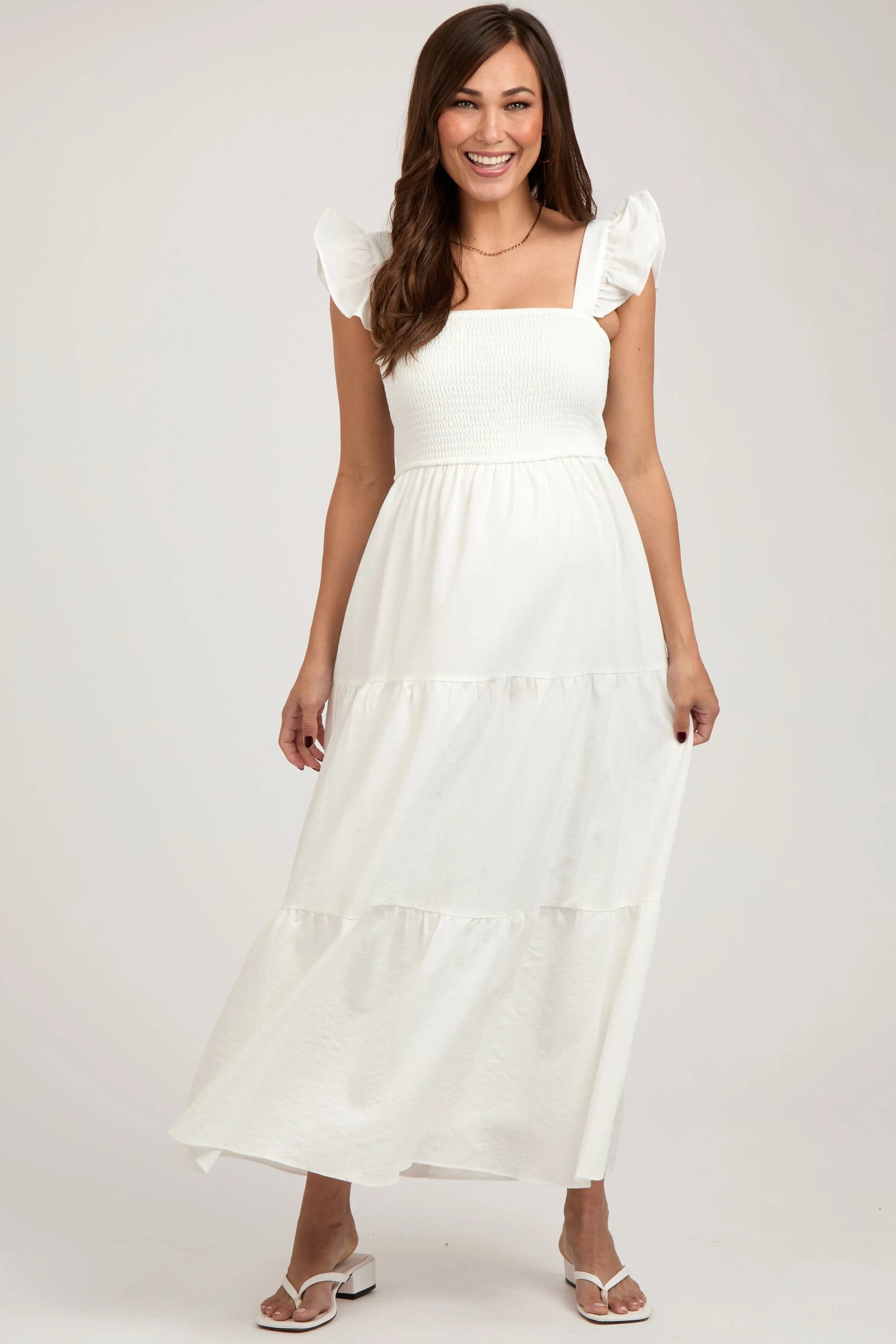 Cream Sleeveless Smocked Tiered Maternity Maxi Dress - Shoulder, Dress, Fashion, Day Dress, One-piece garment | Everetts Place
