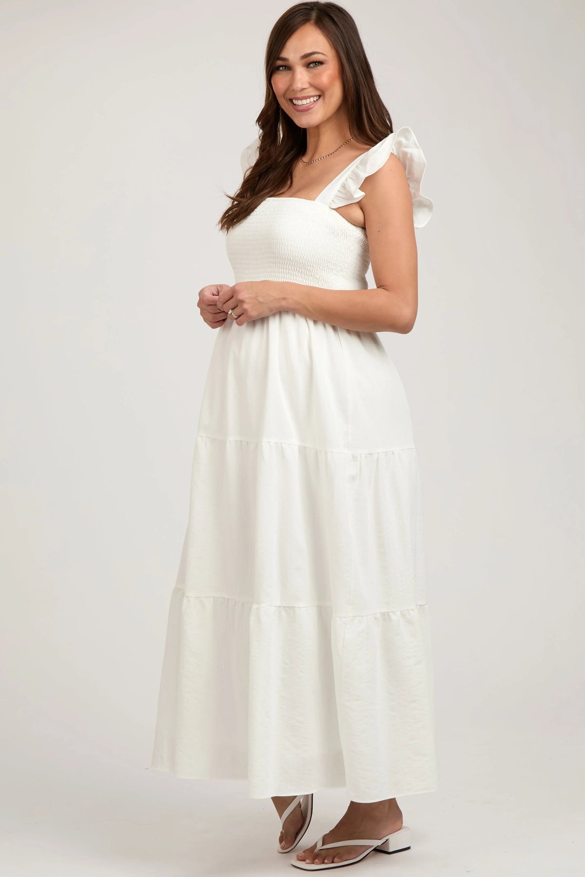 PinkBlush Cream Sleeveless Smocked Tiered Maternity Maxi Dress - 