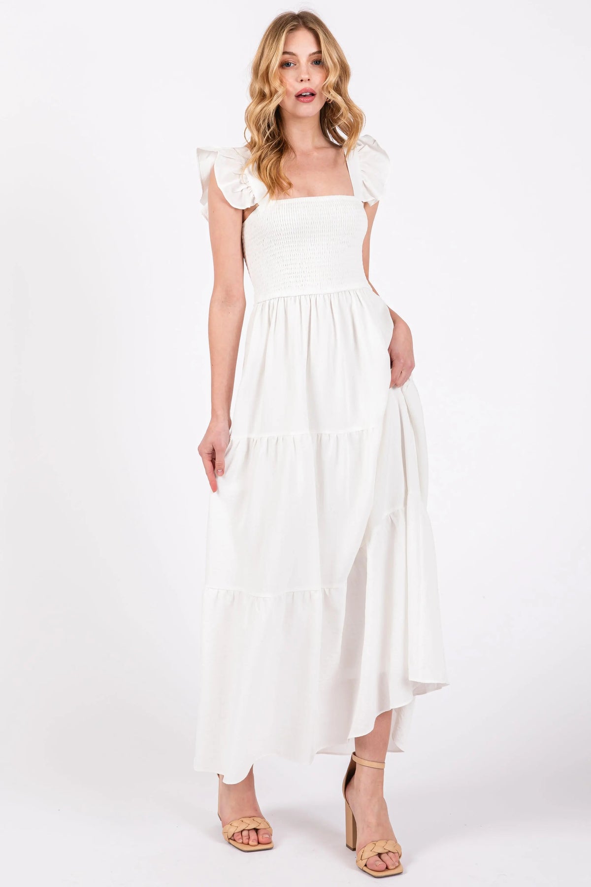 PinkBlush Cream Sleeveless Smocked Tiered Maternity Maxi Dress - 