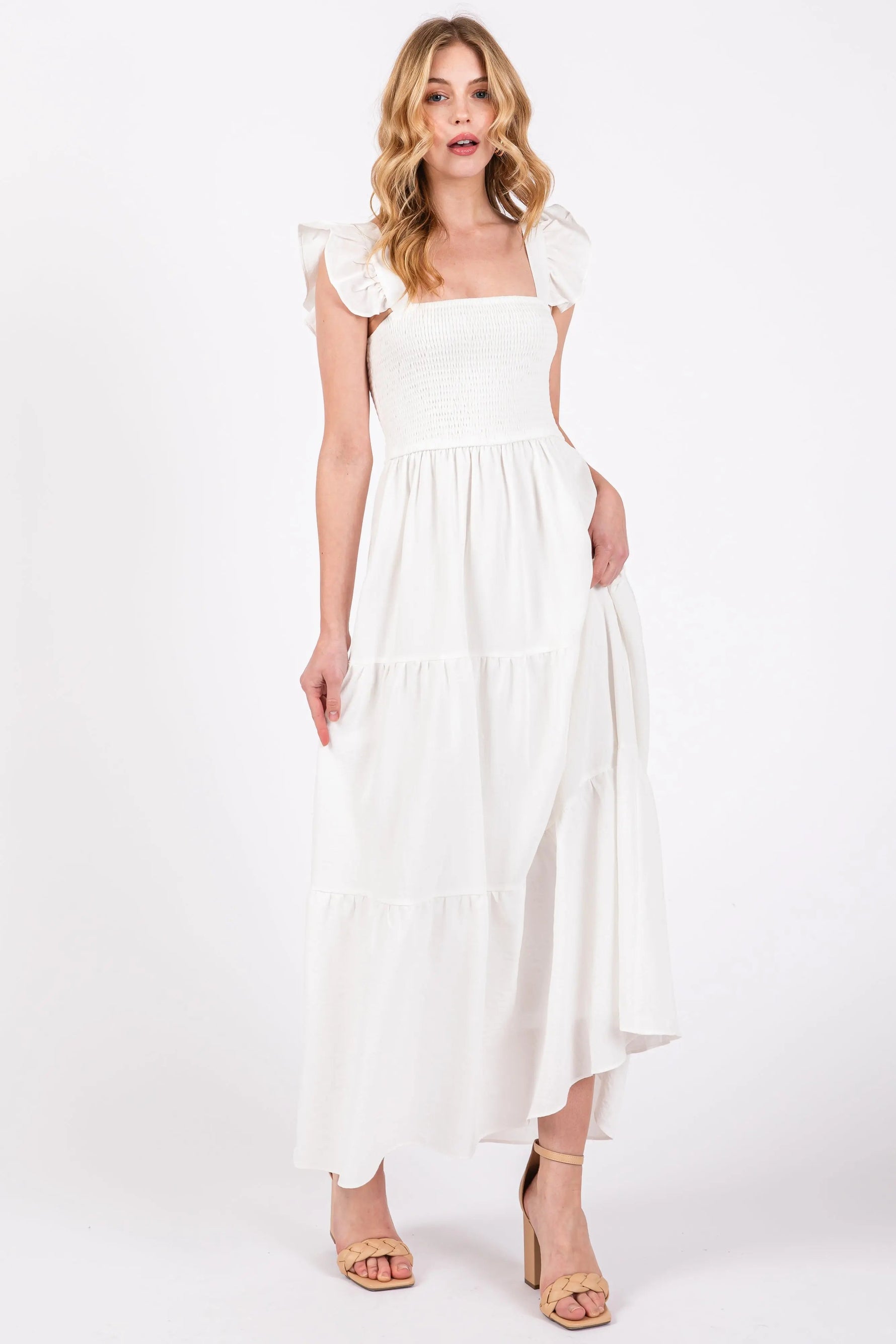 PinkBlush Cream Sleeveless Smocked Tiered Maternity Maxi Dress - 