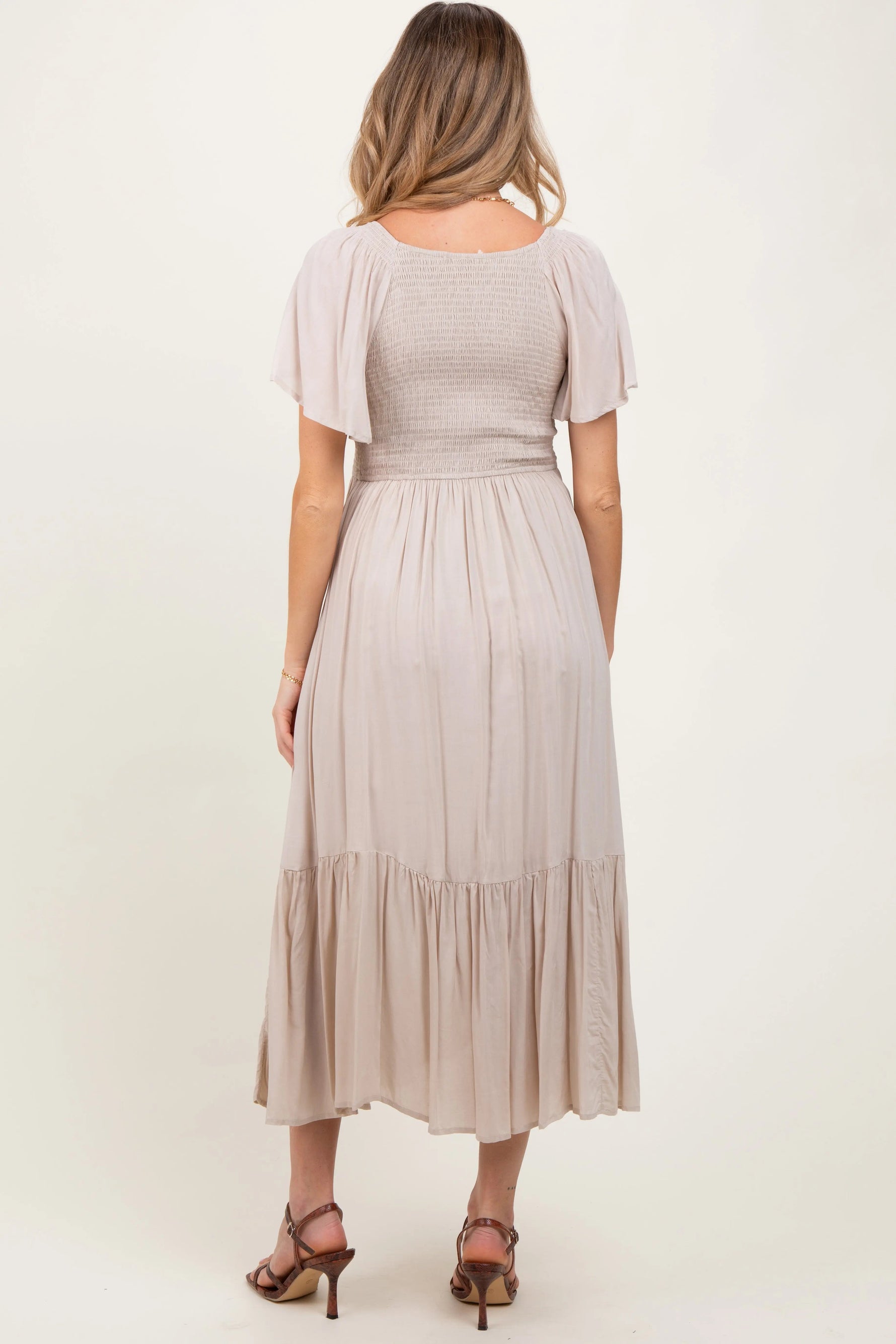 PinkBlush Cream Smocked Flutter Sleeve Midi Dress - 