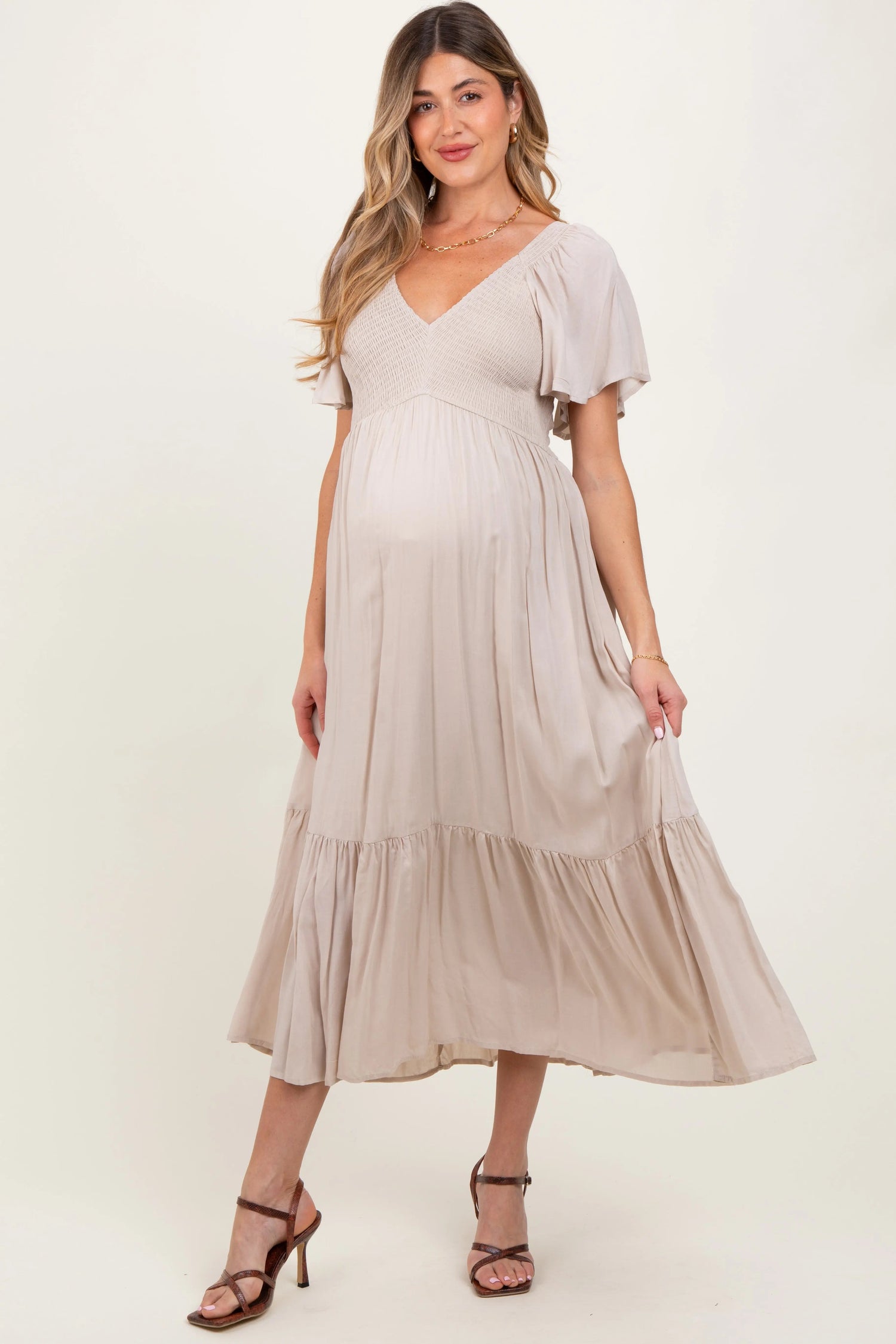 PinkBlush Cream Smocked Flutter Sleeve Midi Dress - 