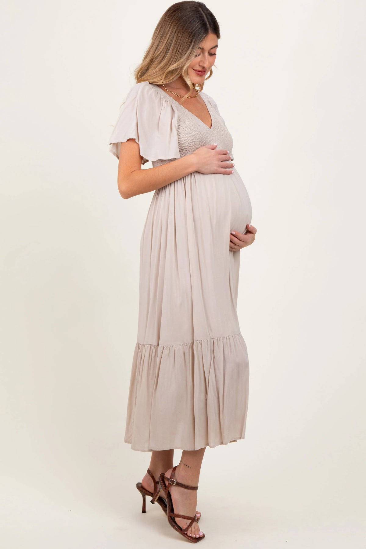 PinkBlush Cream Smocked Flutter Sleeve Midi Dress - 