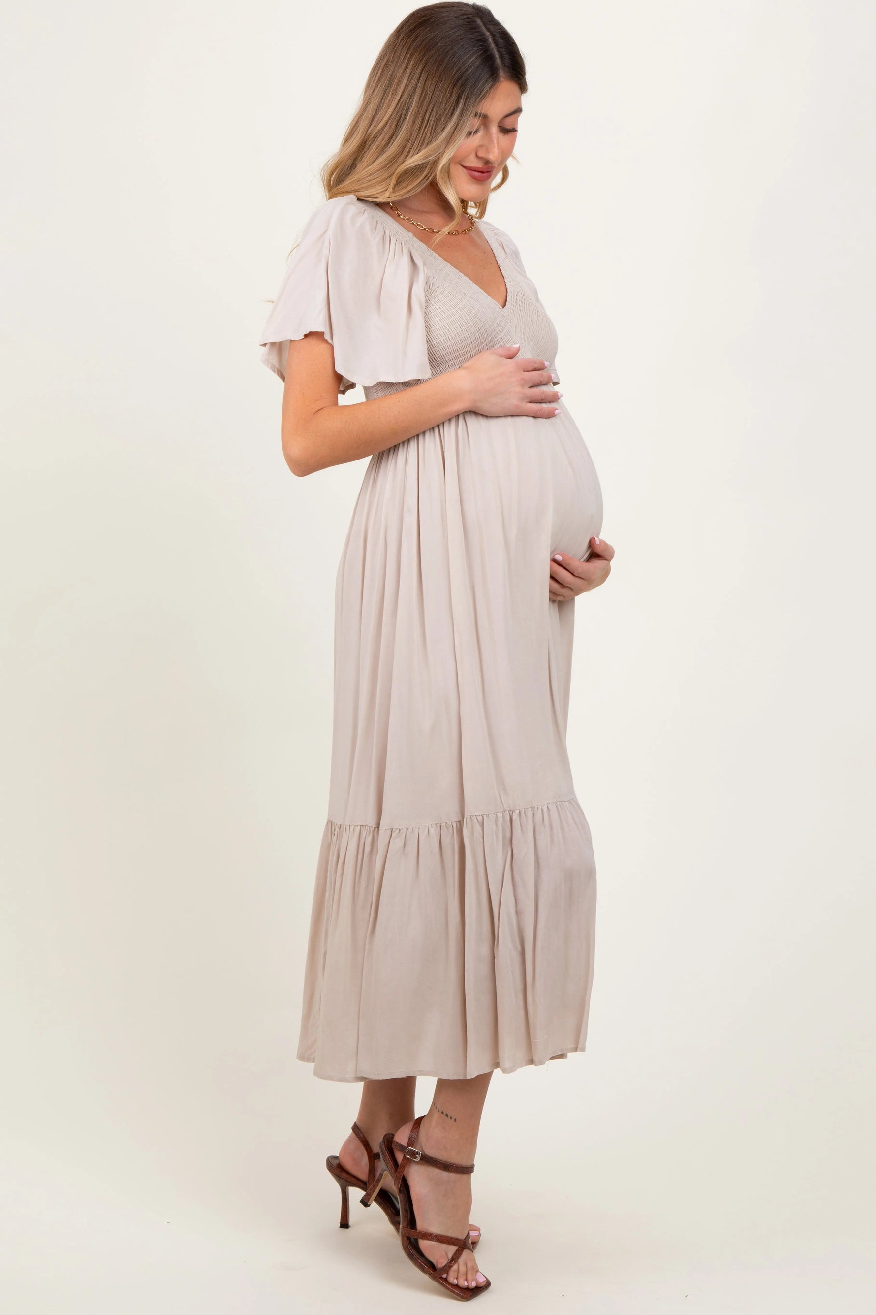 PinkBlush Cream Smocked Flutter Sleeve Midi Dress - 