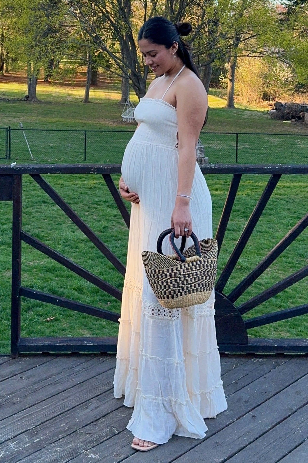PinkBlush Cream Smocked Open Back Maternity Maxi Dress