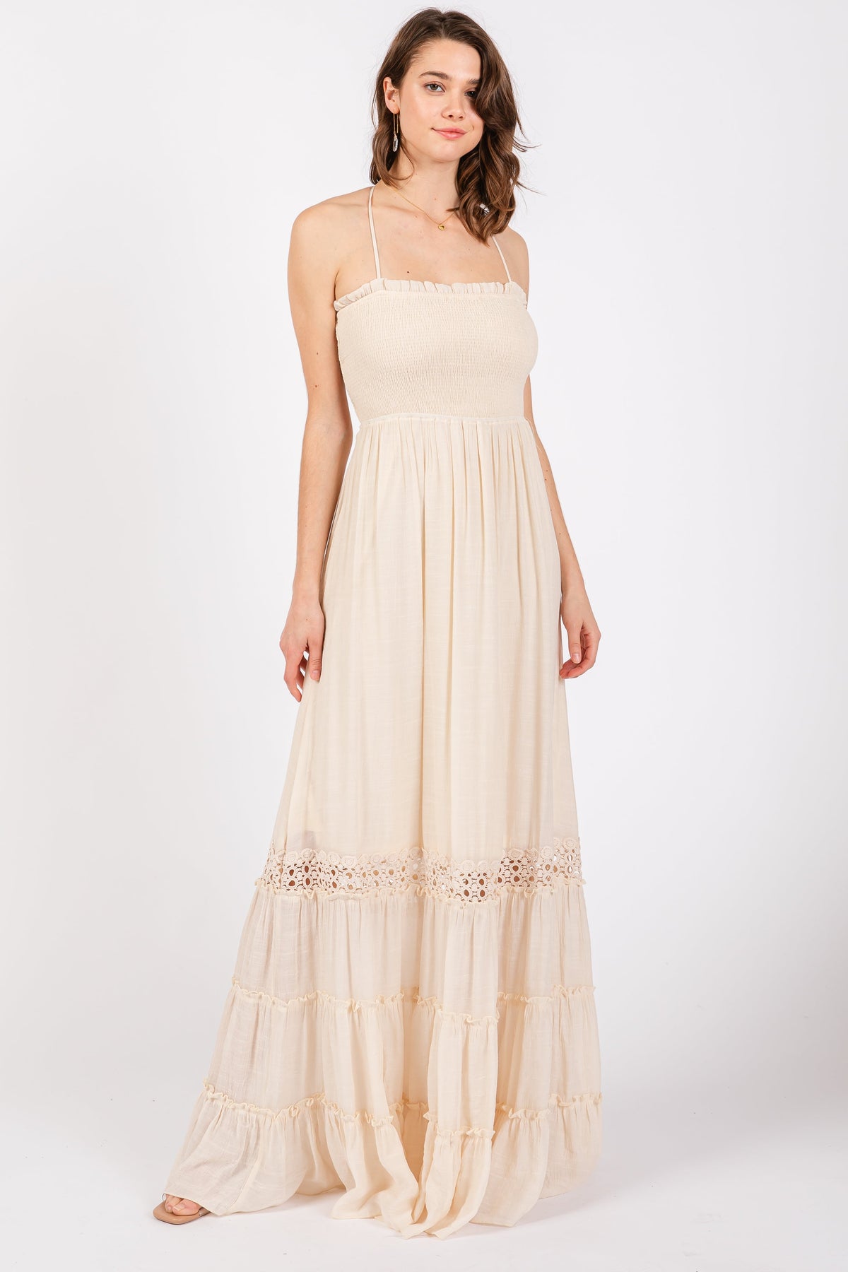 PinkBlush Cream Smocked Open Back Maternity Maxi Dress