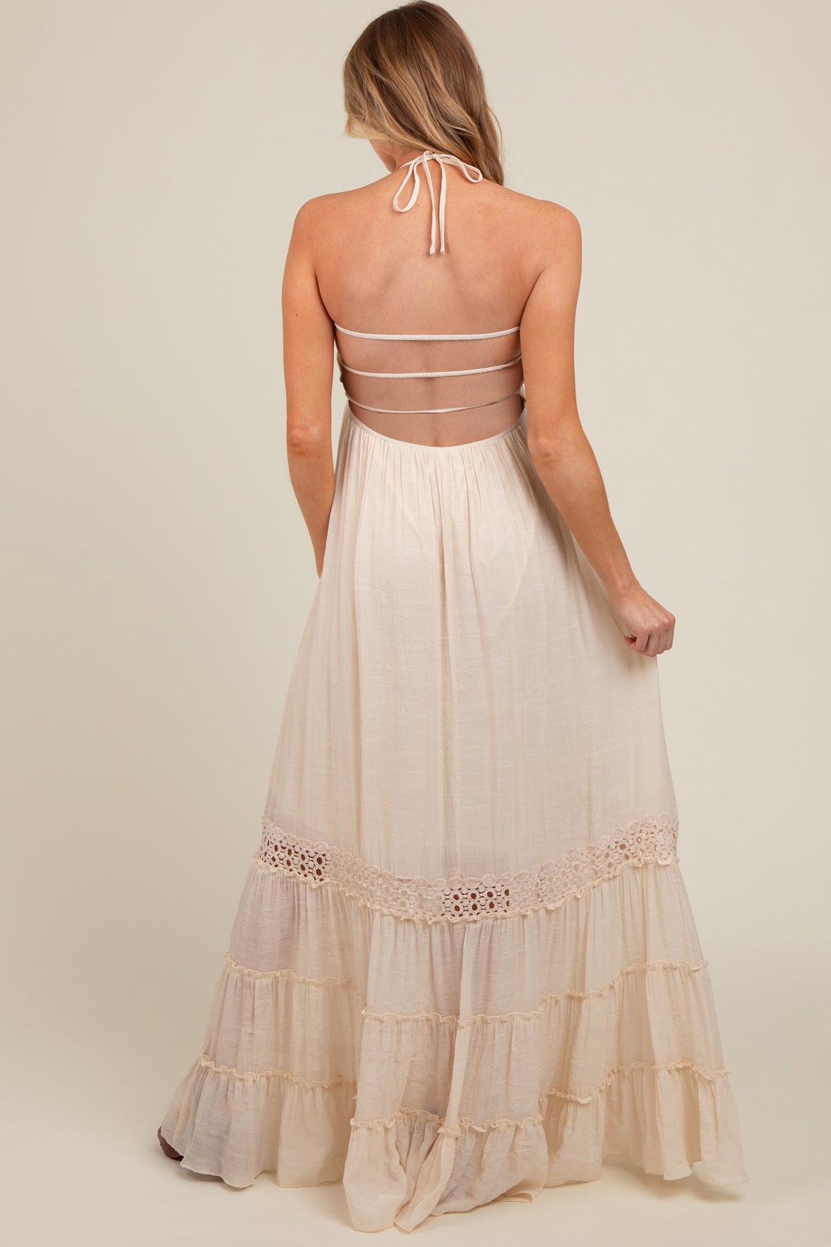 PinkBlush Cream Smocked Open Back Maternity Maxi Dress