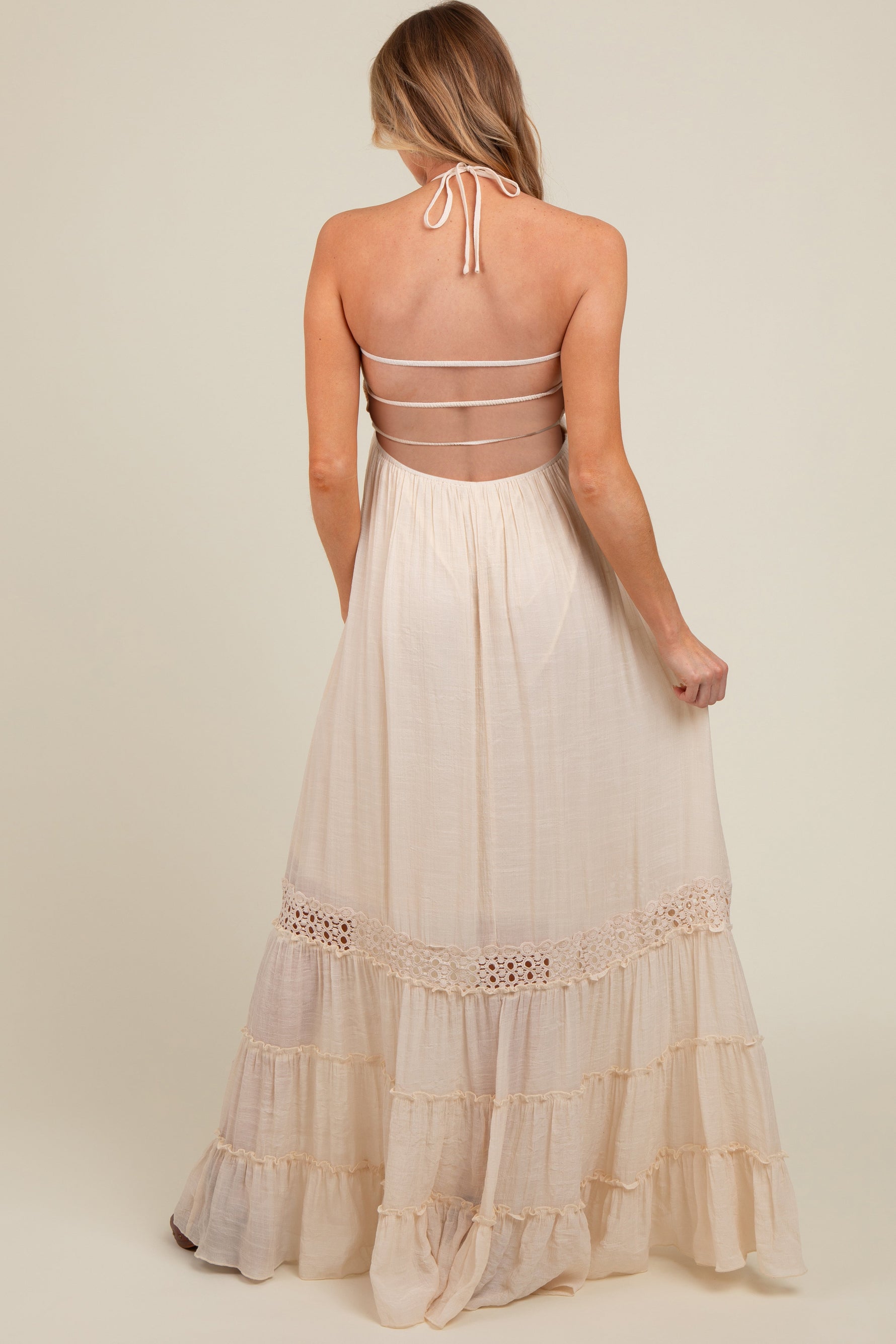 PinkBlush Cream Smocked Open Back Maternity Maxi Dress