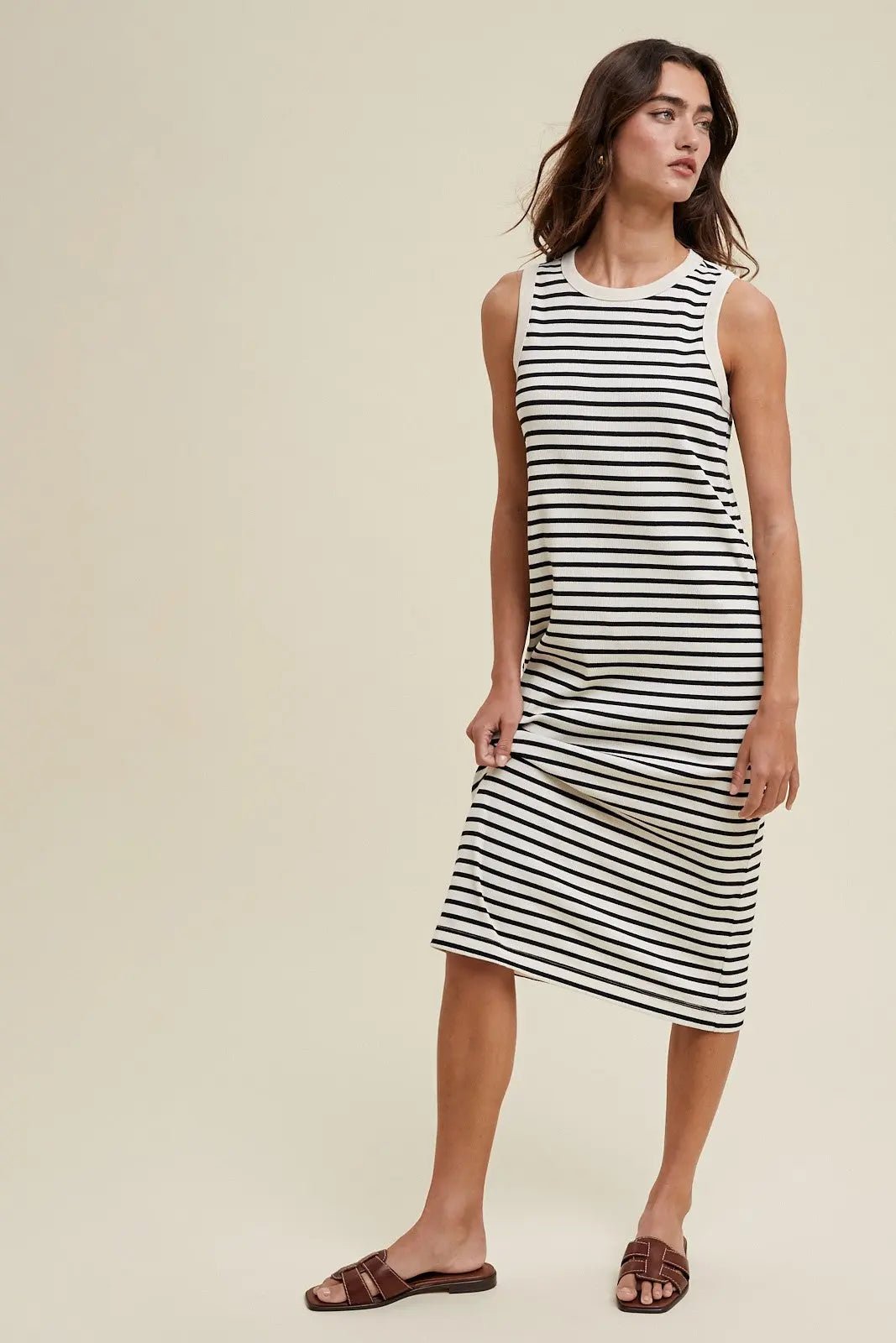 PinkBlush Cream Striped Ribbed Knit Sleeveless Maternity Midi Dress - 