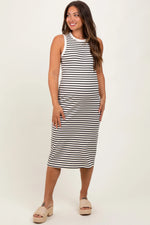 PinkBlush Cream Striped Ribbed Knit Sleeveless Maternity Midi Dress - 