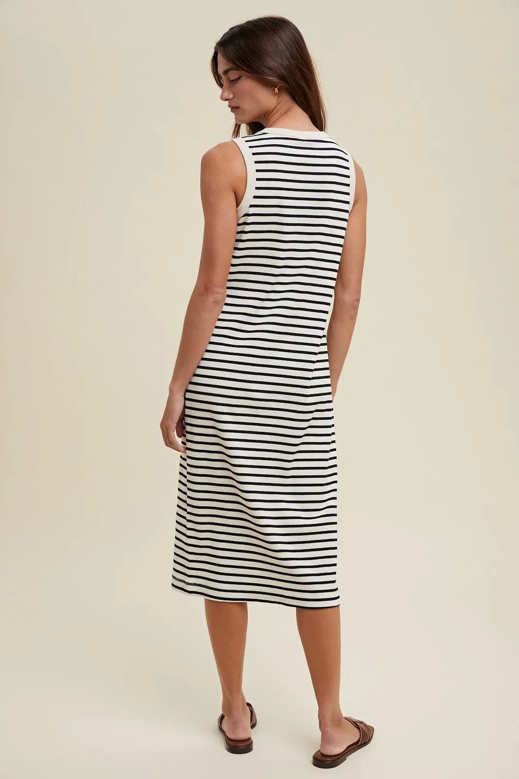 PinkBlush Cream Striped Ribbed Knit Sleeveless Midi Dress - 