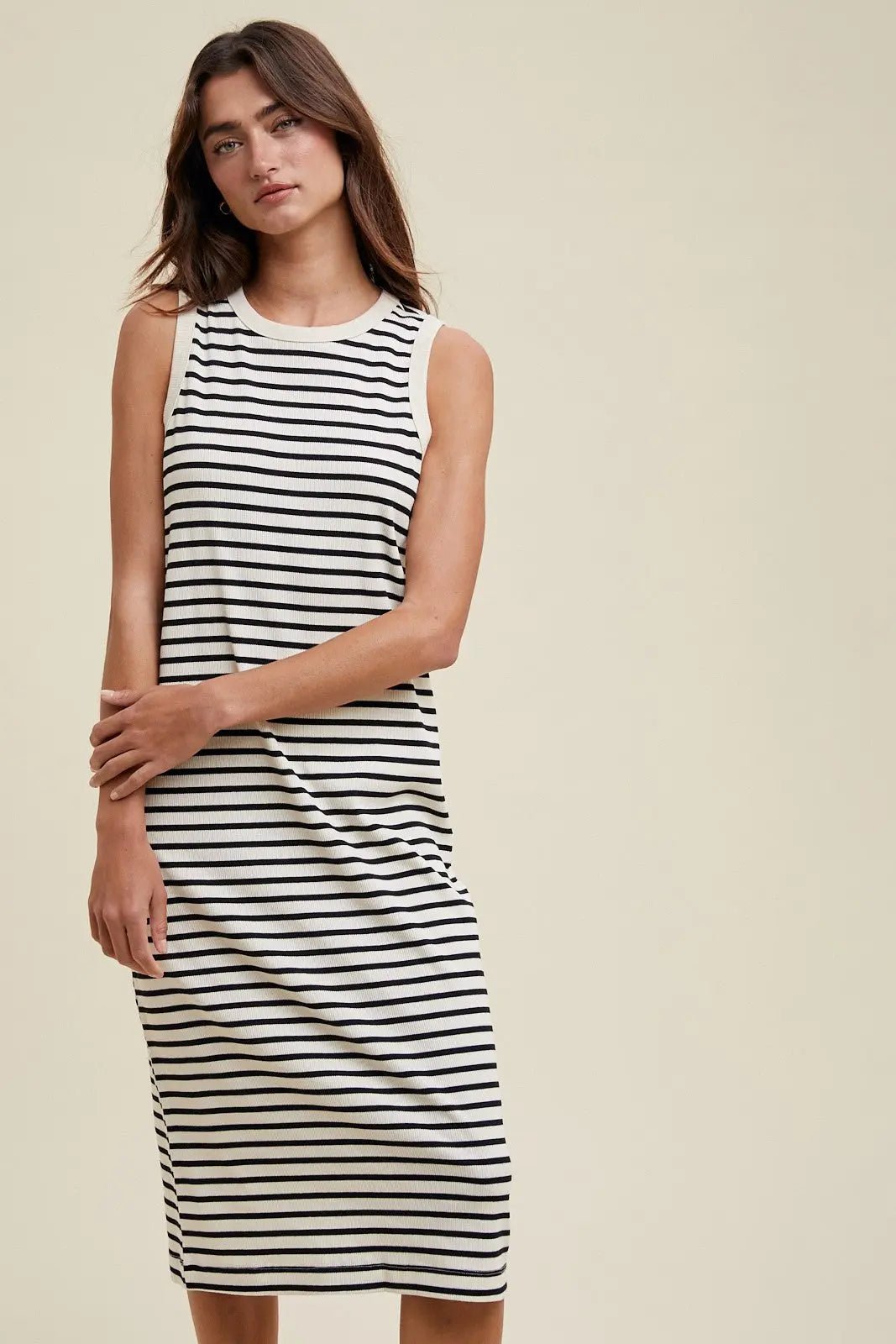 PinkBlush Cream Striped Ribbed Knit Sleeveless Midi Dress - 