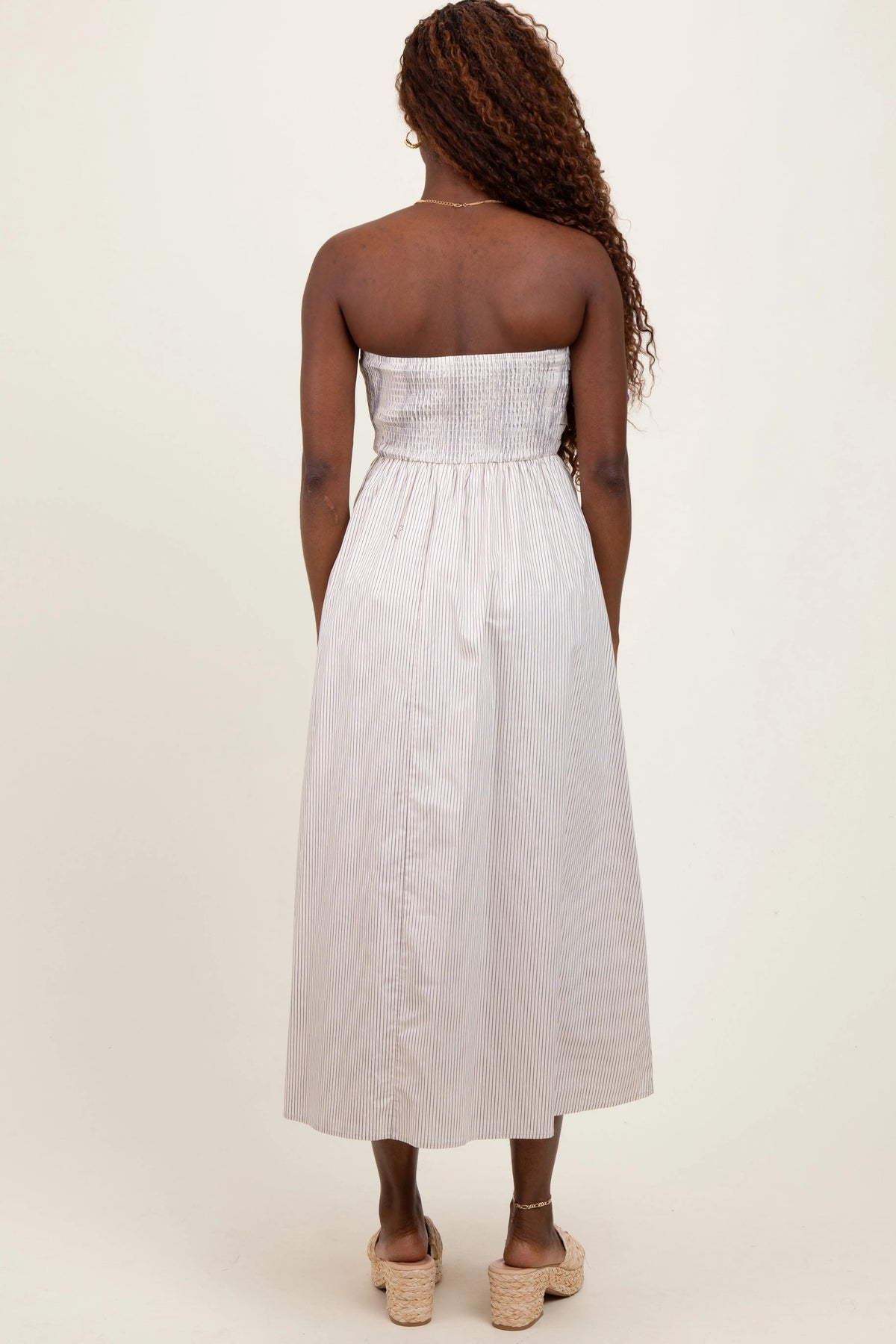 PinkBlush Cream Tube Striped Black Smocking Maxi Dress - 