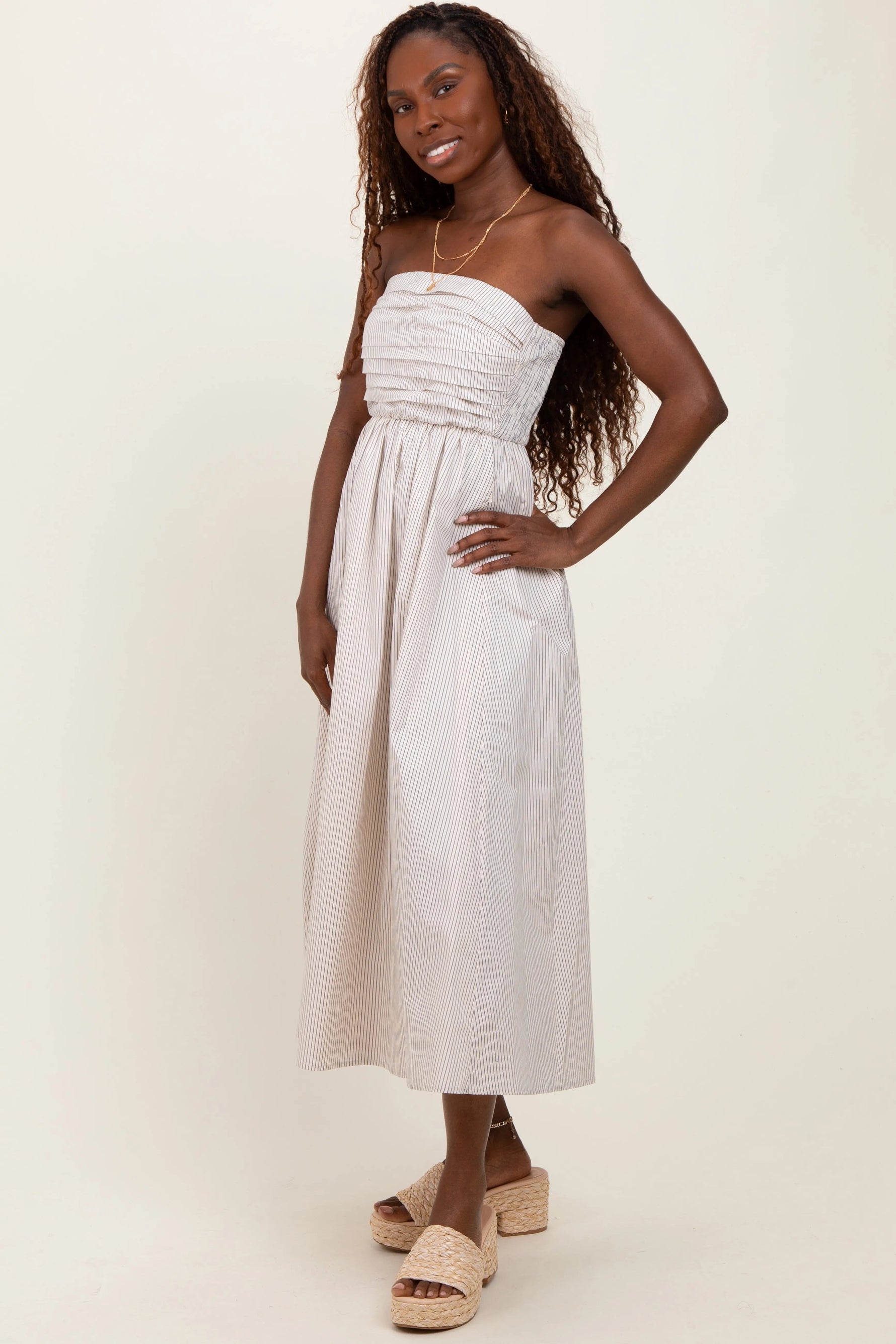 PinkBlush Cream Tube Striped Black Smocking Maxi Dress - 