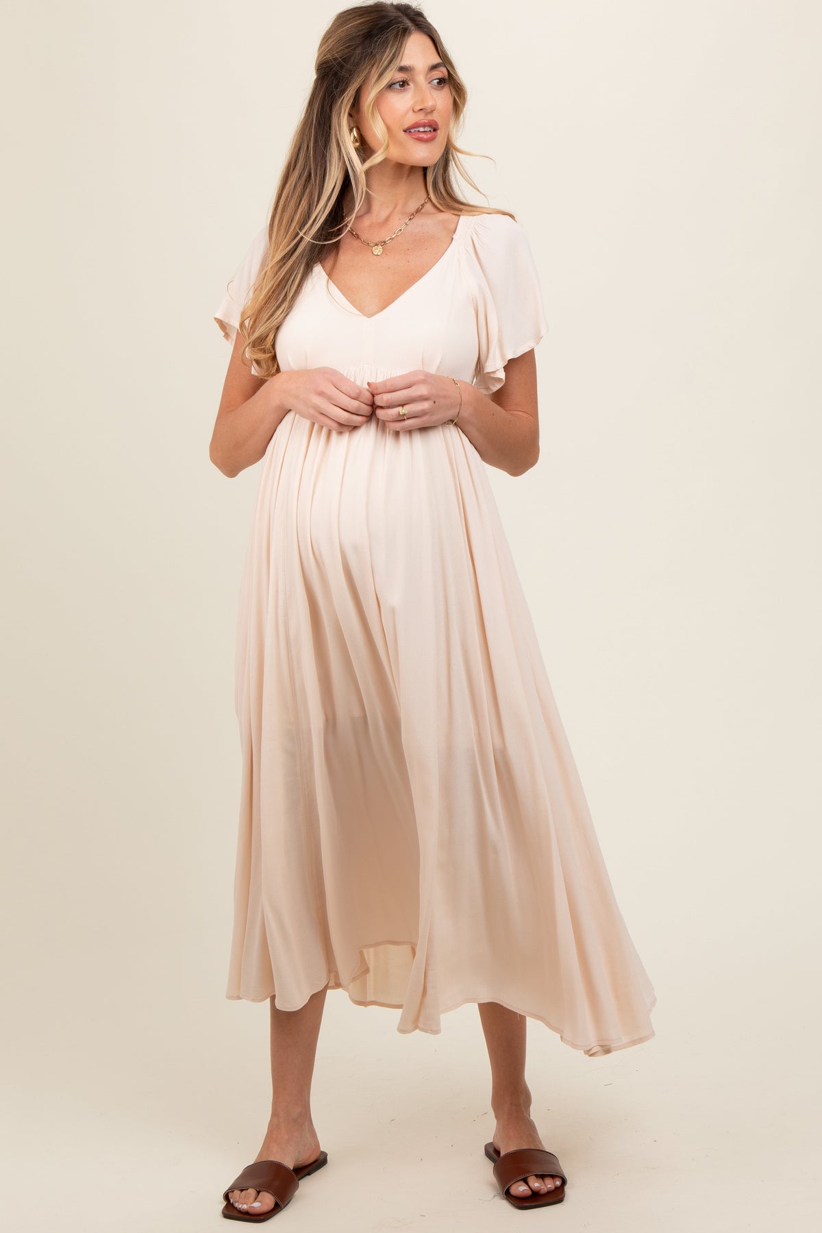 PinkBlush Cream V - Neck Flutter Short Sleeve Maternity Midi DressEveretts Place