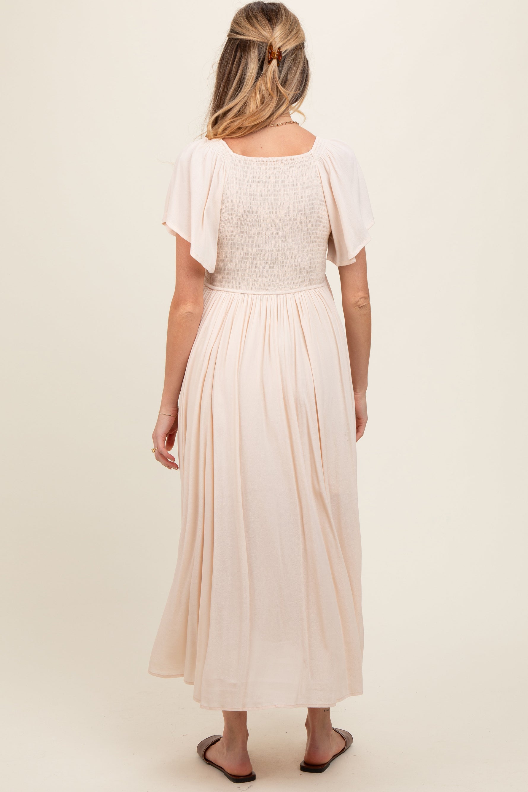 PinkBlush Cream V - Neck Flutter Short Sleeve Maternity Midi DressEveretts Place