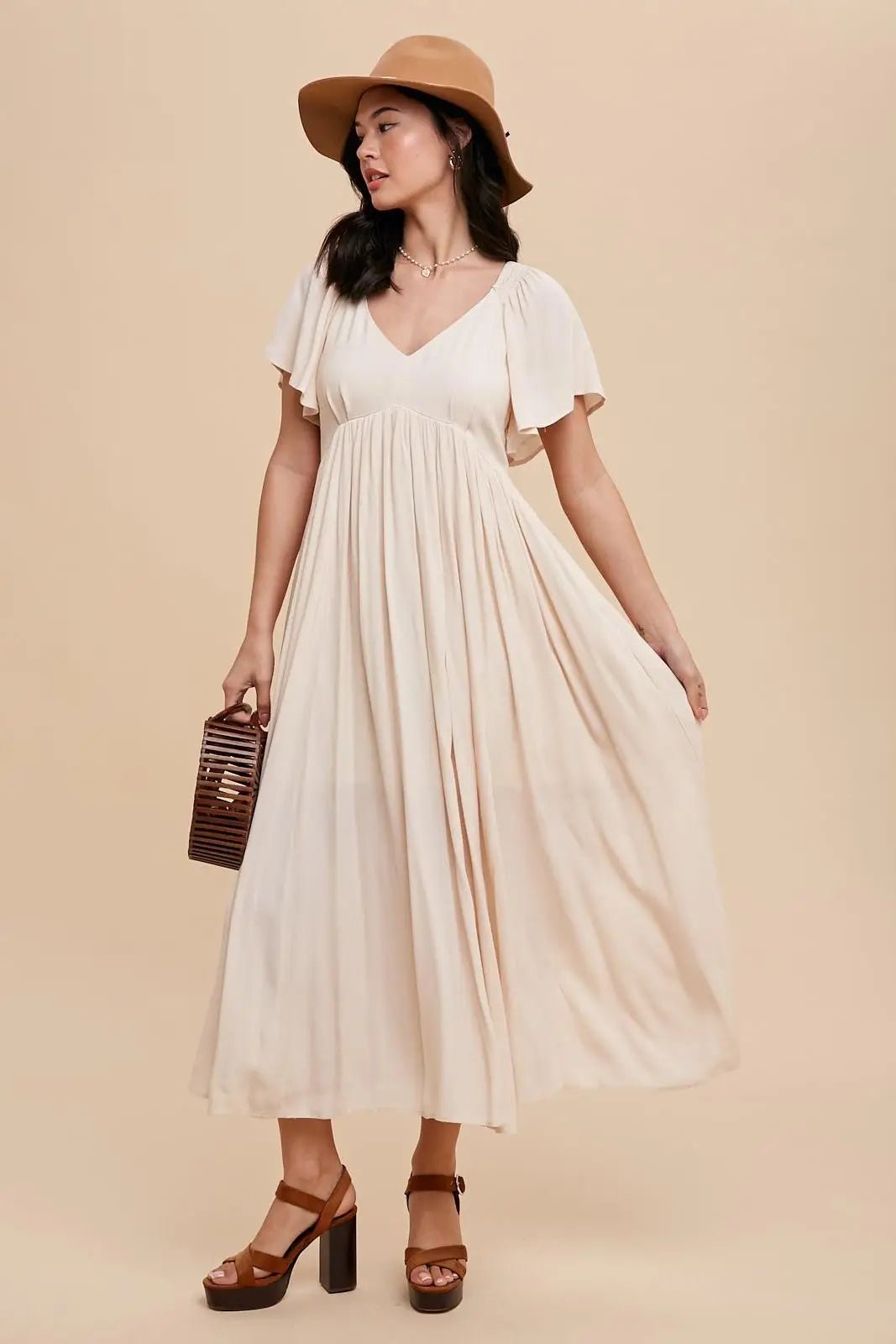 PinkBlush Cream V - Neck Flutter Short Sleeve Midi Dress - 