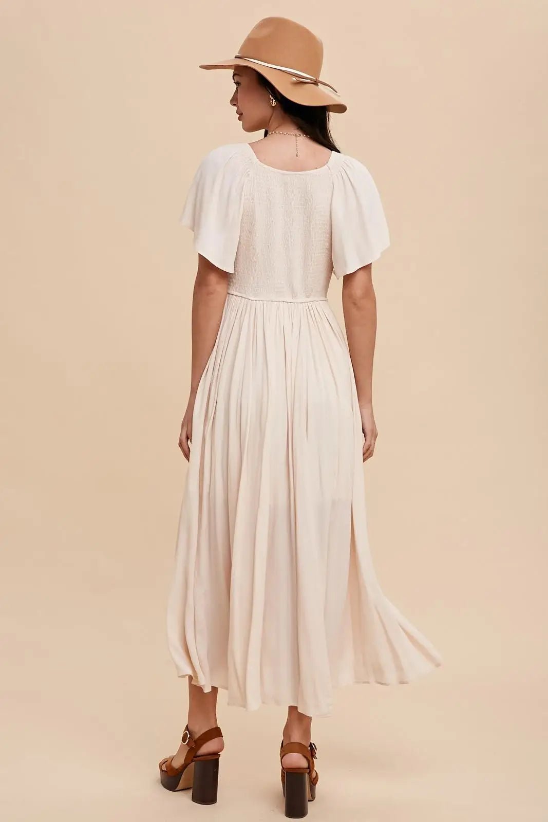 PinkBlush Cream V - Neck Flutter Short Sleeve Midi Dress - 