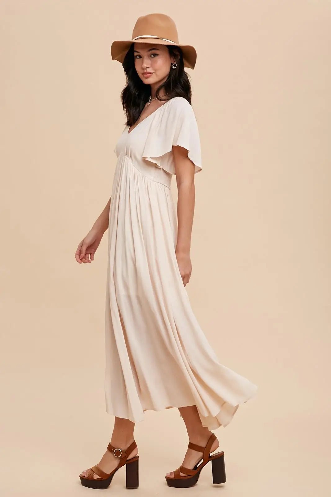 PinkBlush Cream V - Neck Flutter Short Sleeve Midi Dress - 