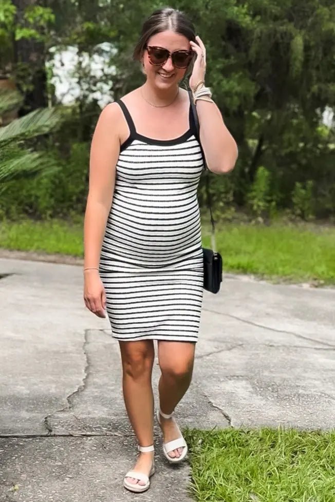 PinkBlush Cream/Black Striped Sleeveless Maternity Bodycon Knit Dress - 