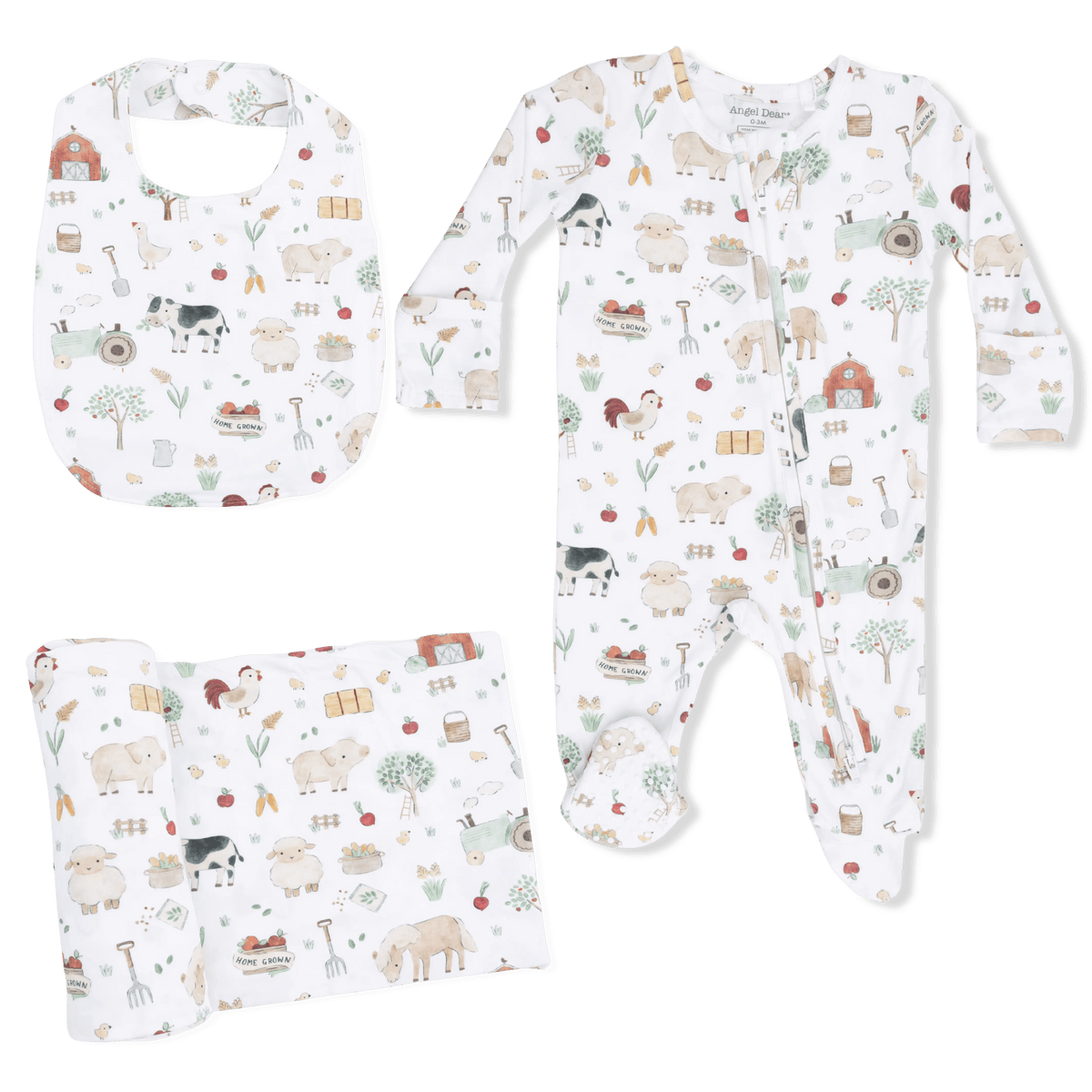 Angel Dear Cute Farm Animals Uni - 2 Way Zipper Footie, Swaddle & Bandana Bib Set - 