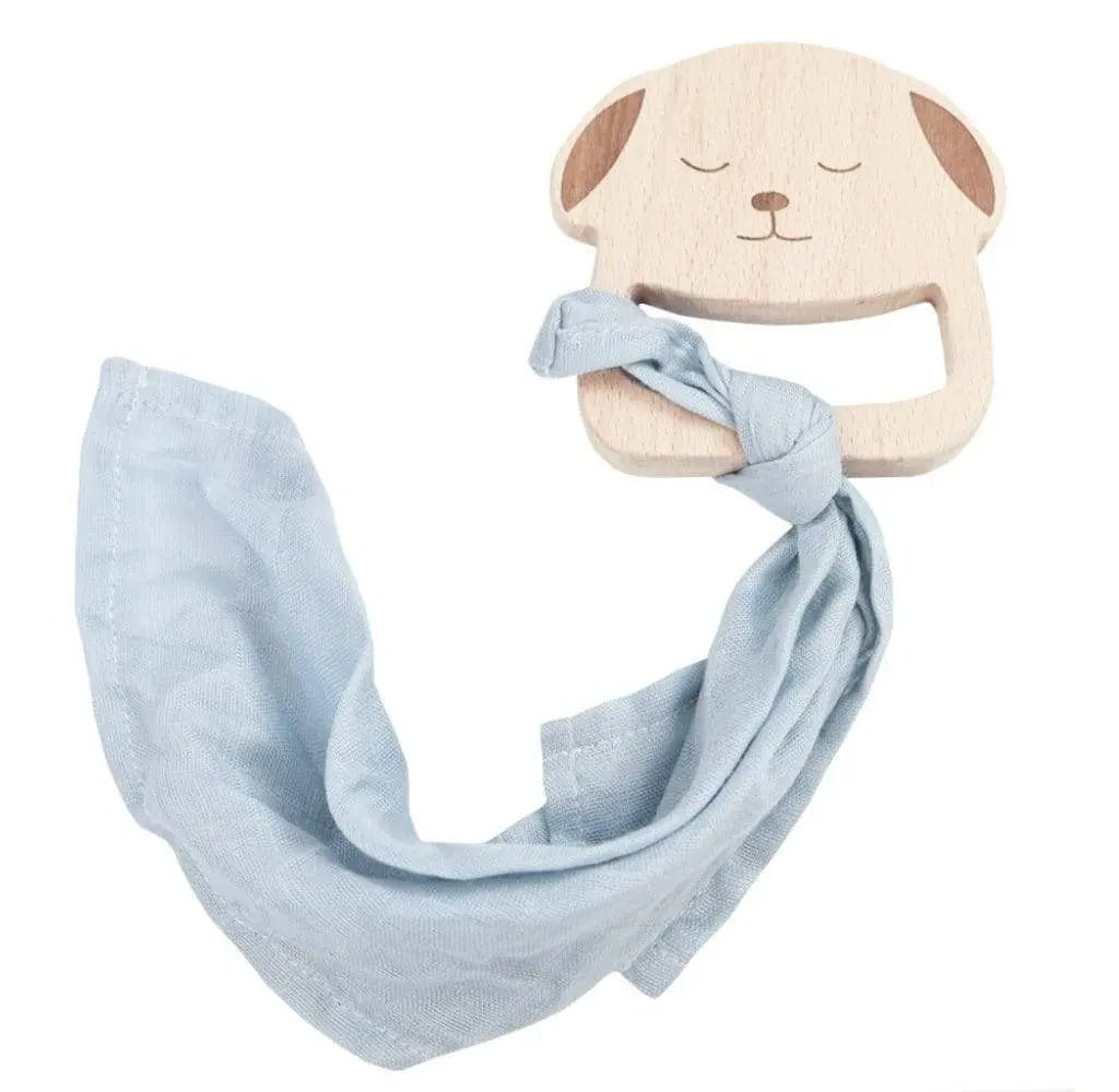 Cute Puppy Wooden Teether with Soft Blue Blankie for Babies - Everetts Place