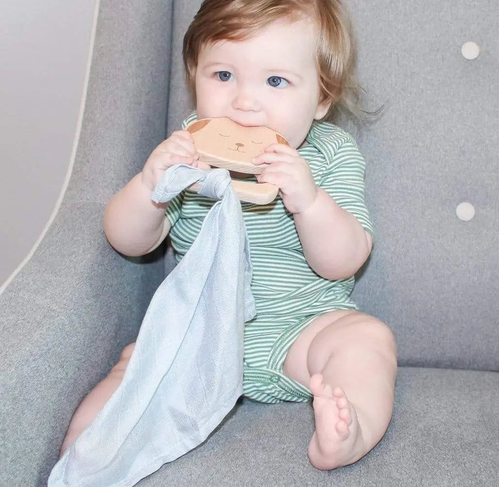 Goosewaddle® | Newborn Baby Blankets Toys Teethers Bibs & More Cute Puppy Wooden Teether with Soft Blue Blankie for Babies - 