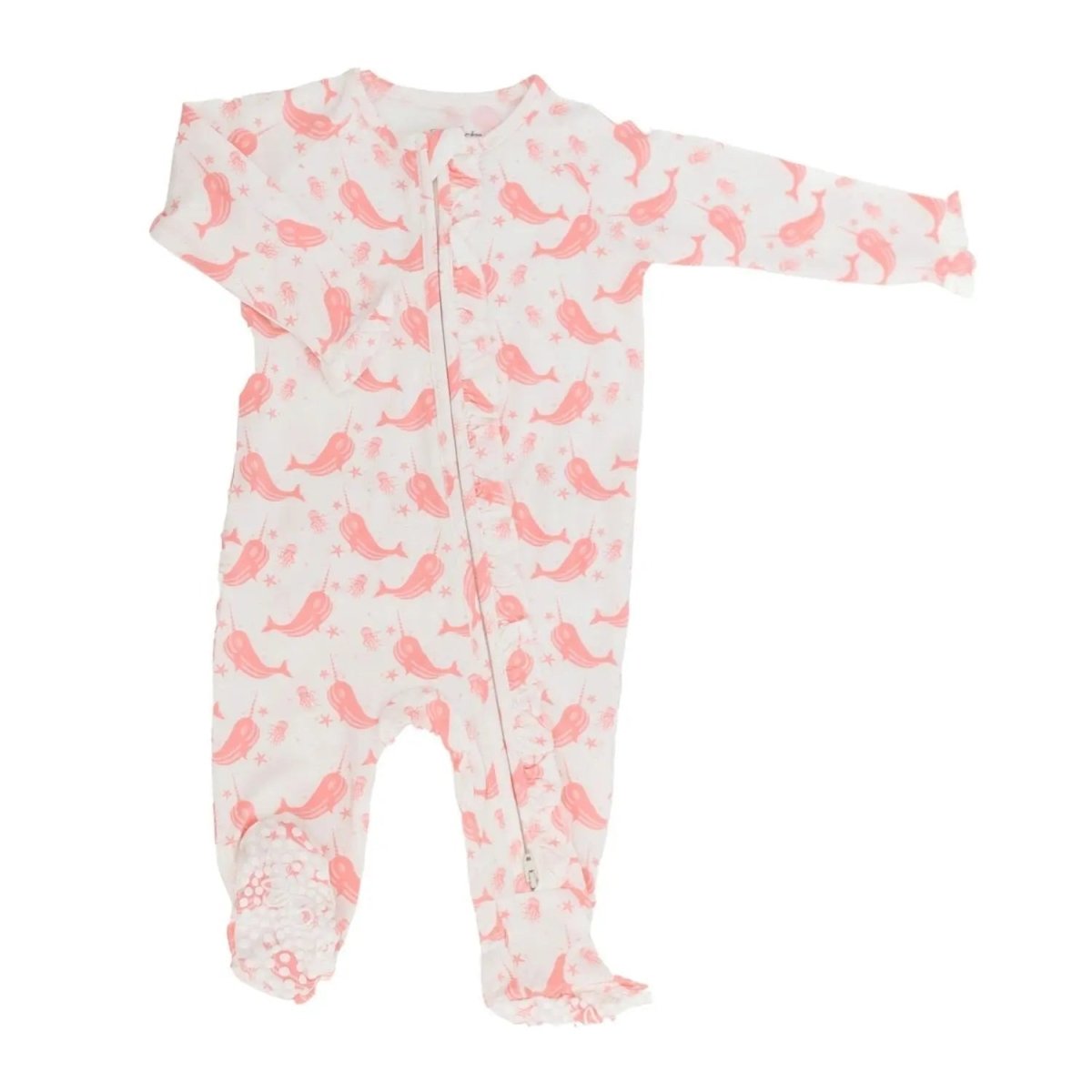 Sweet Bamboo Cute Ruffle Footie with 2 Way Zipper and Non Slip Grips for Babies - 