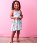 Long-sleeve racerback toddler dress with a full twirl skirt in the Dahlia print.