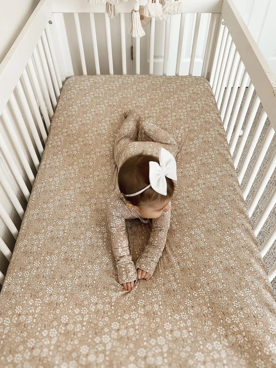 Little Joy Co. Dainty Ditsy Bamboo Crib Sheet Beige Floral Print Pattern - Everetts Place Boutique - 