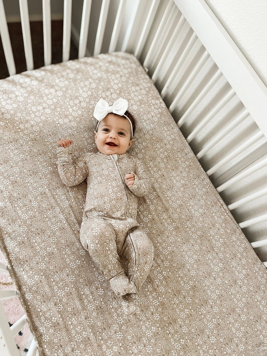 Little Joy Co. Dainty Ditsy Bamboo Crib Sheet Beige Floral Print Pattern - Everetts Place Boutique - 