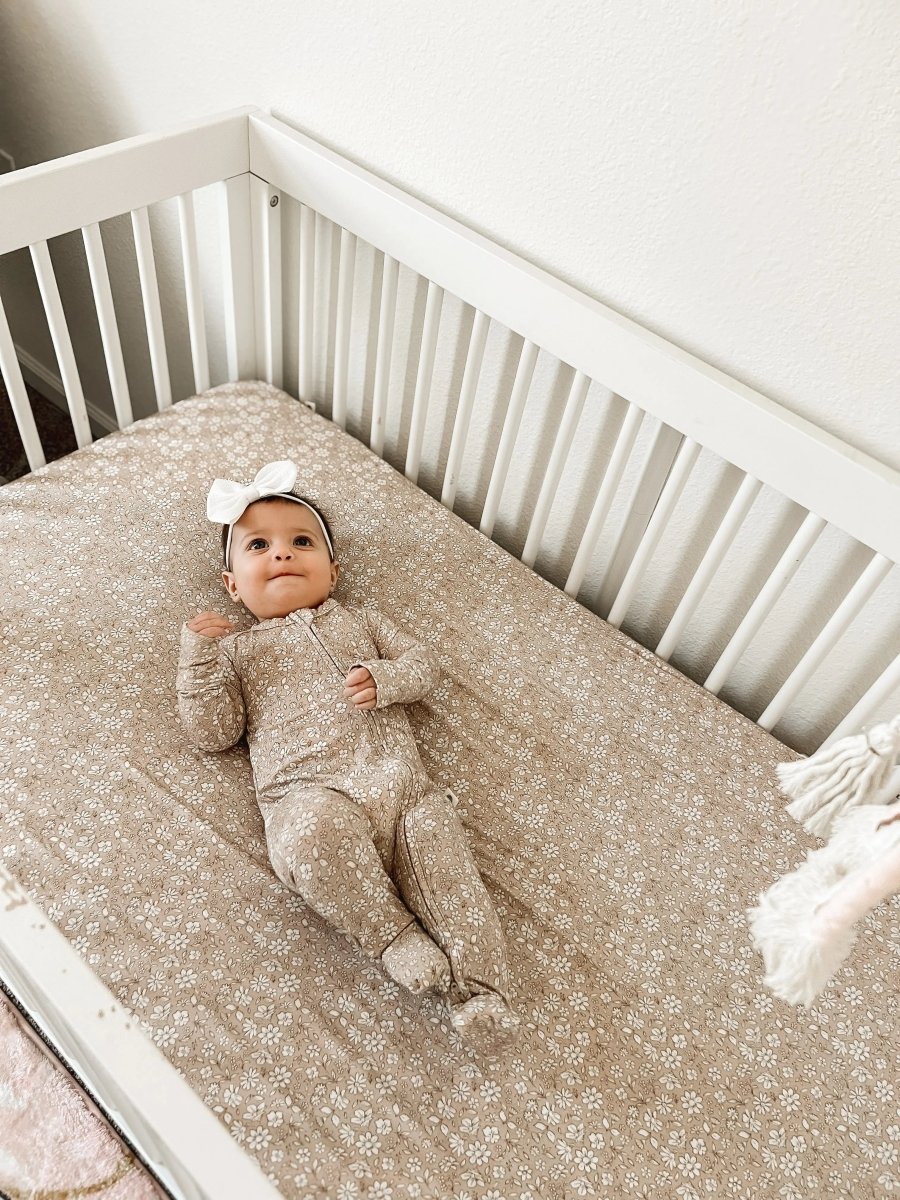 Little Joy Co. Dainty Ditsy Bamboo Crib Sheet Beige Floral Print Pattern - Everetts Place Boutique - 
