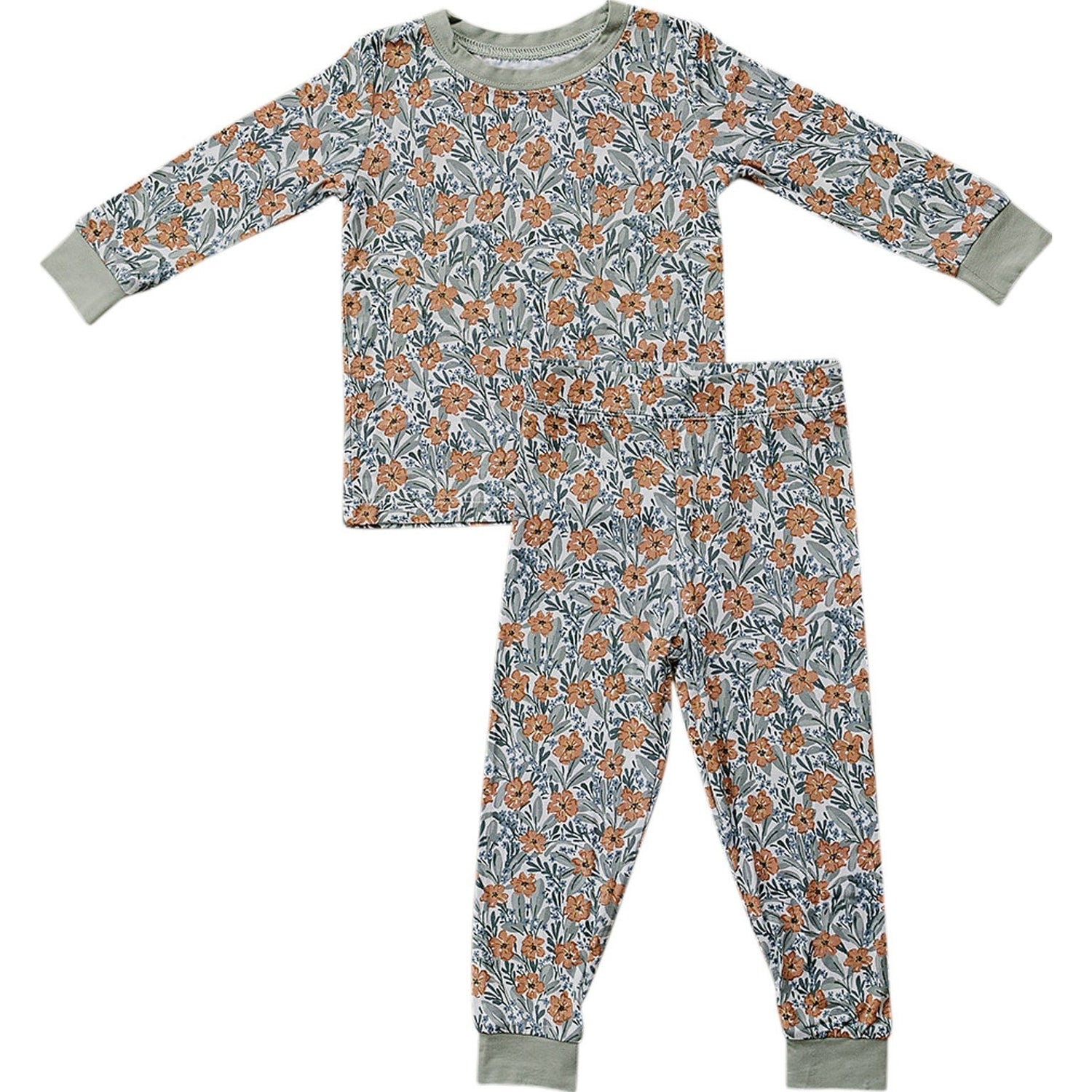 Two-piece baby cozy set with long-sleeve top and pants in a dainty meadow floral print.
