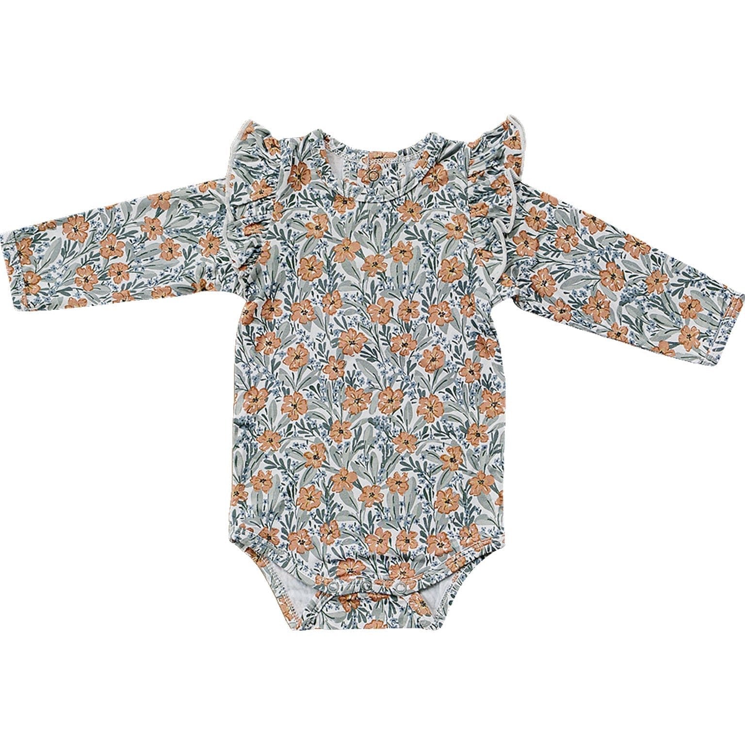 Mebie Baby Dainty Meadow Navy Floral Ruffle Sleeve Bamboo Baby Bodysuit - 